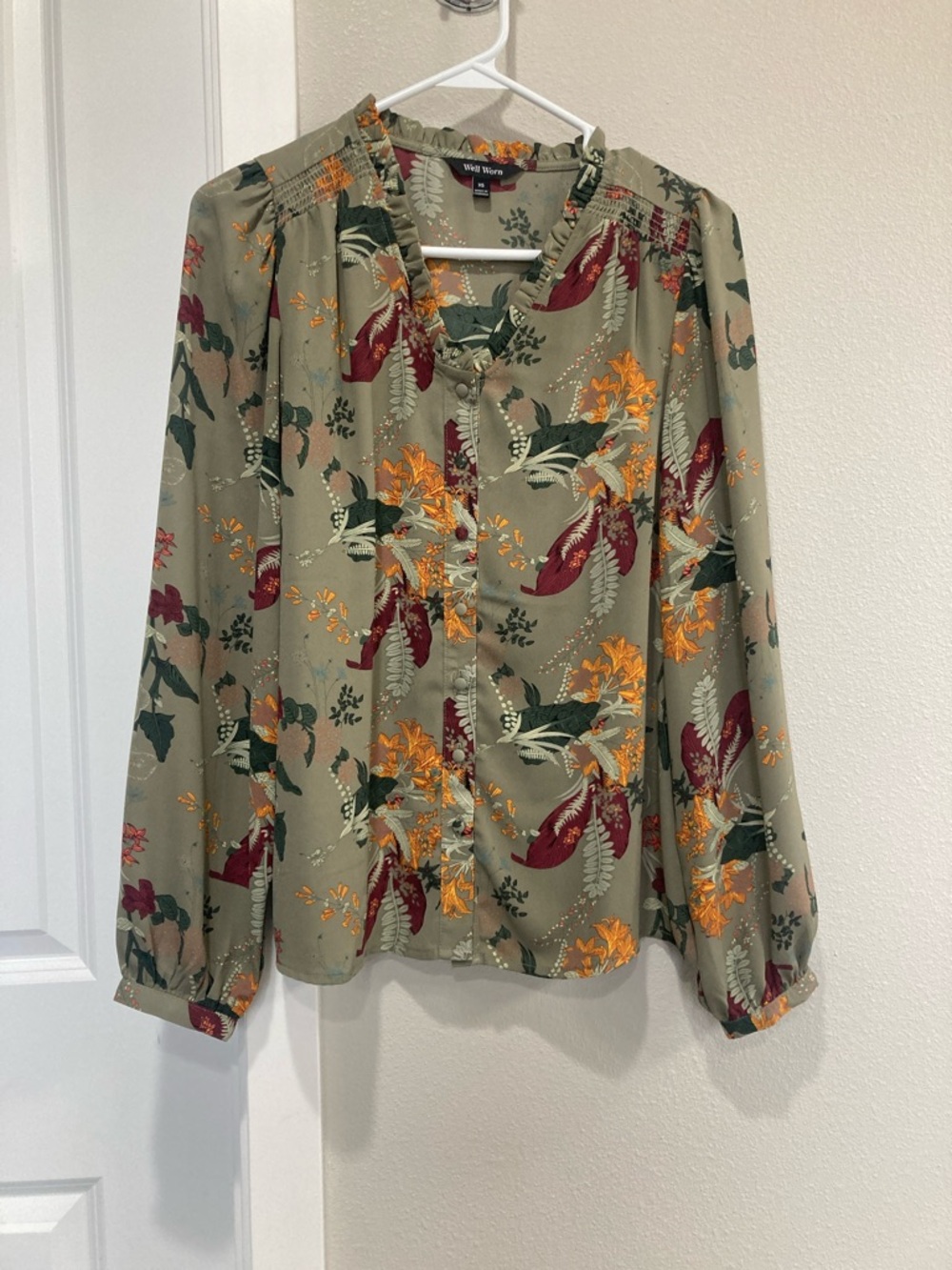 Well Worn Olive Green Floral Button-Up Blouse with Maroon & Mustard Accents